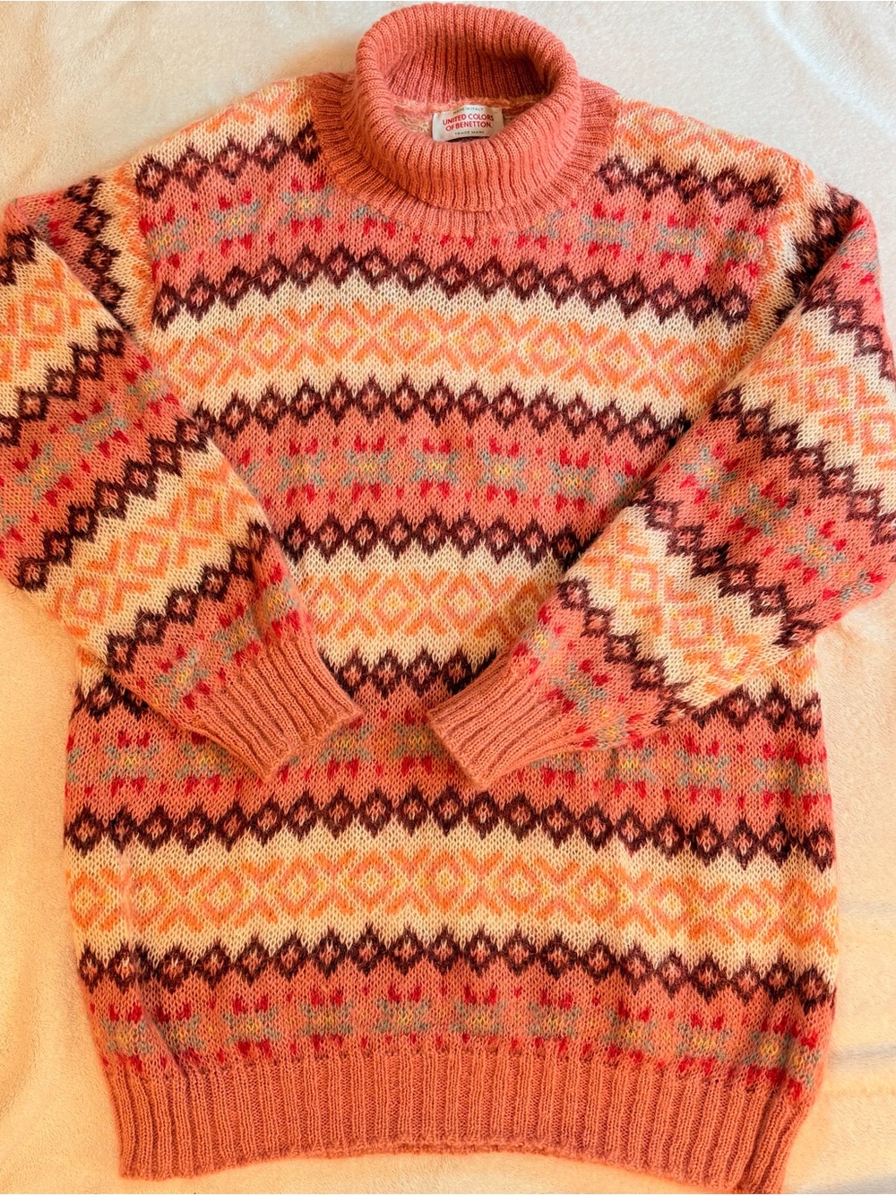 Benetton Vintage Fair Isle Wool Mohair Turtleneck Sweater Pink Ivory Sz L